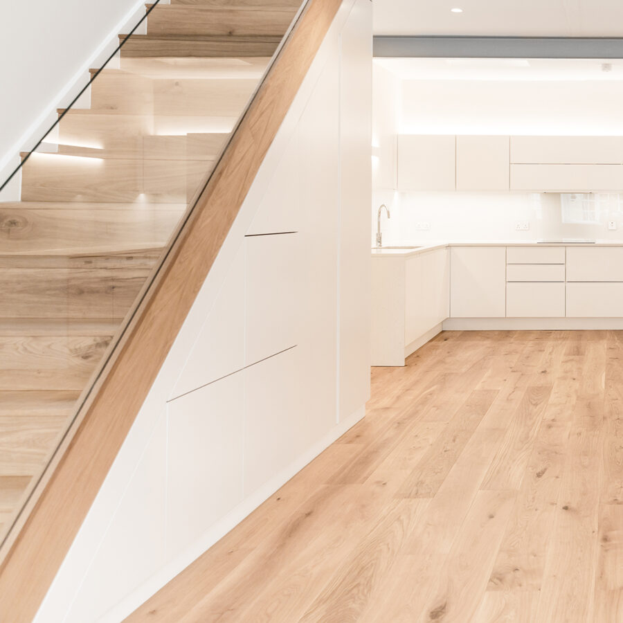 Matt Oil oak flooring and stairs in contemporary Hyde Park apartment