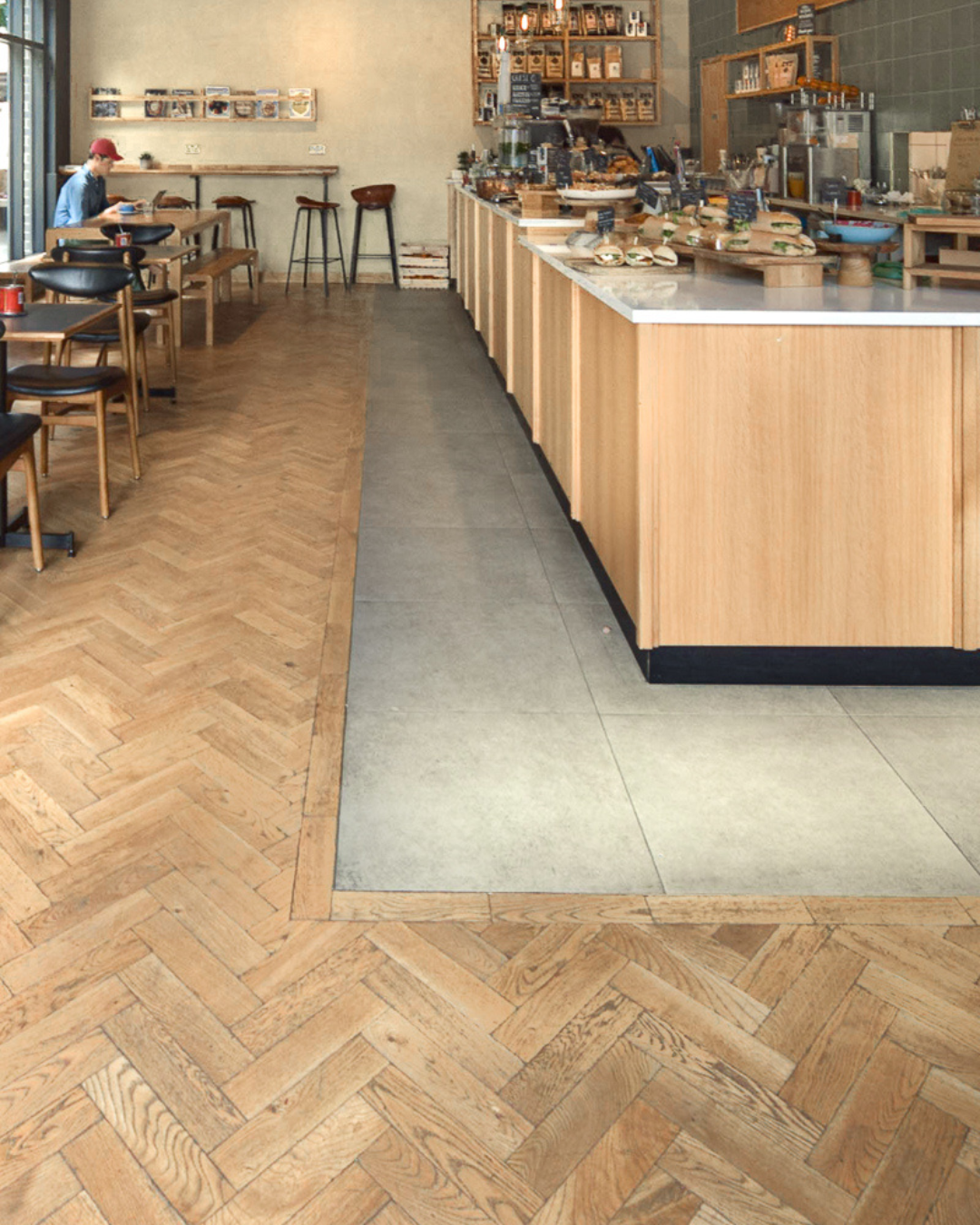 Hickory Smoked mid-toned oak tumbled herringbone at Spicer and Cole cafe