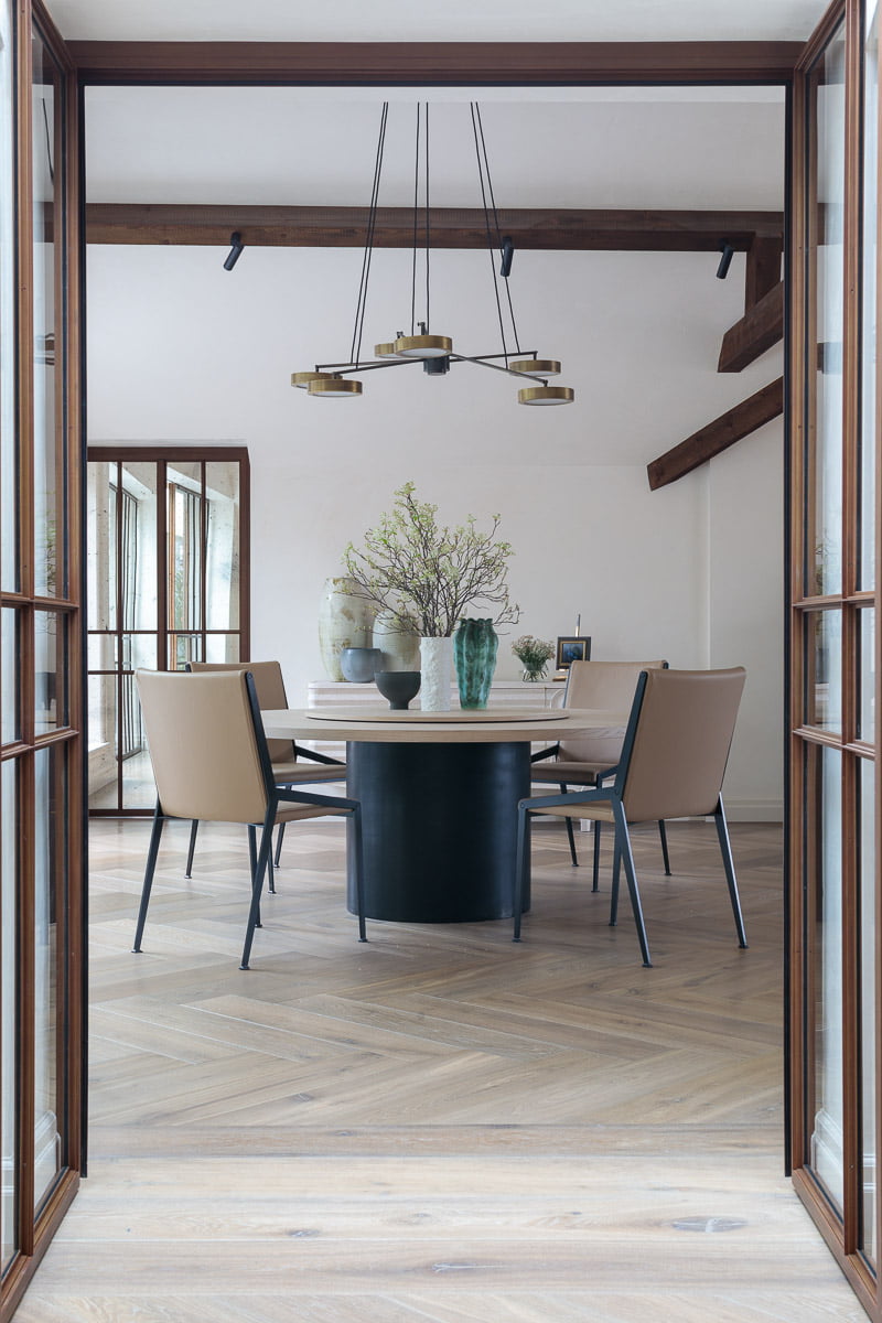 Dining room with Deep Smoked White Oiled engineered oak planks and Herringbone wood flooring at Pont Street Penthouse project
