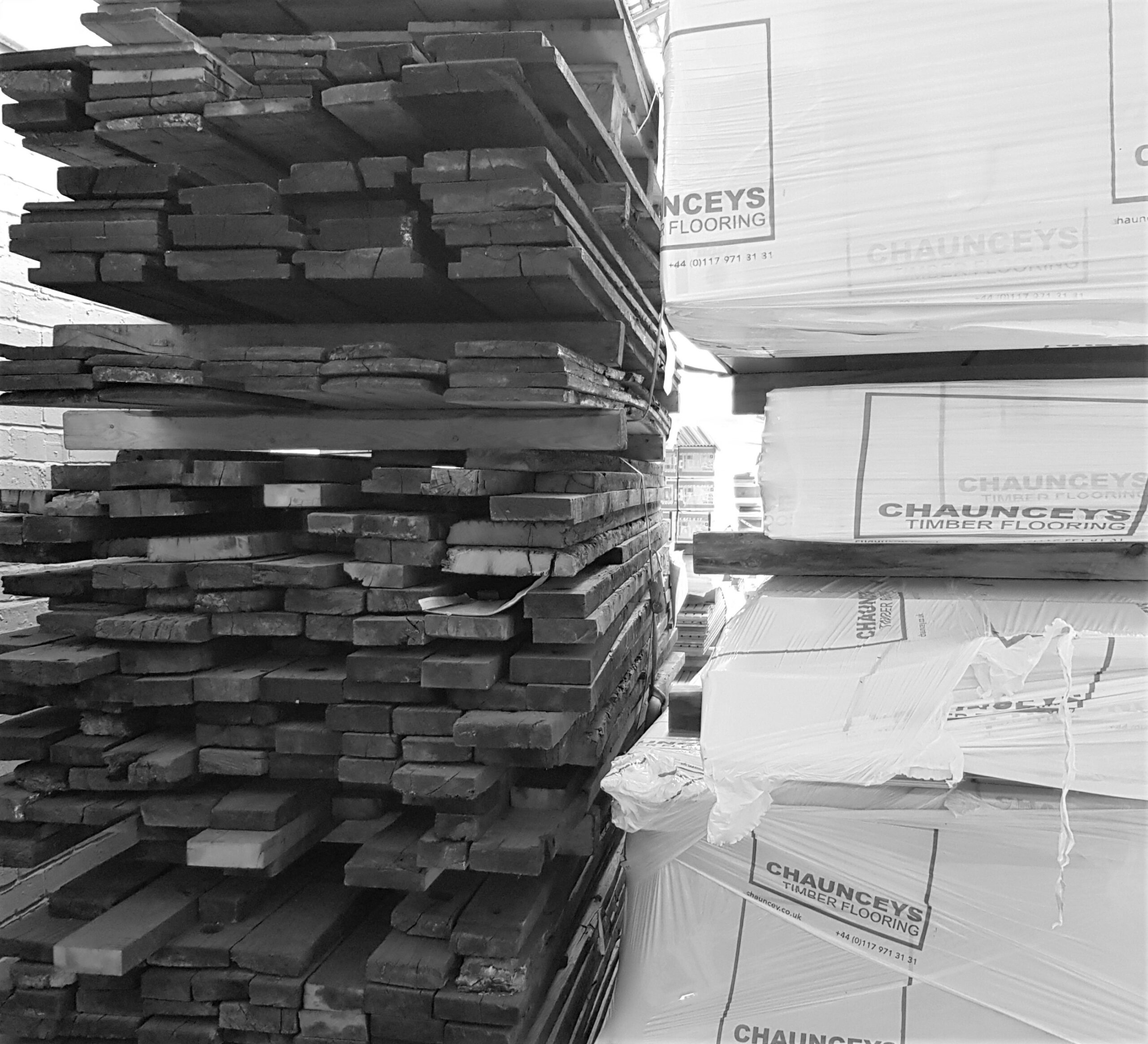 Timber flooring stacked in a warehouse