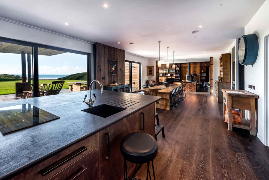 Deep Smoked Heavy Brushed engineered oak planks at Barford Beach House in Cornwall