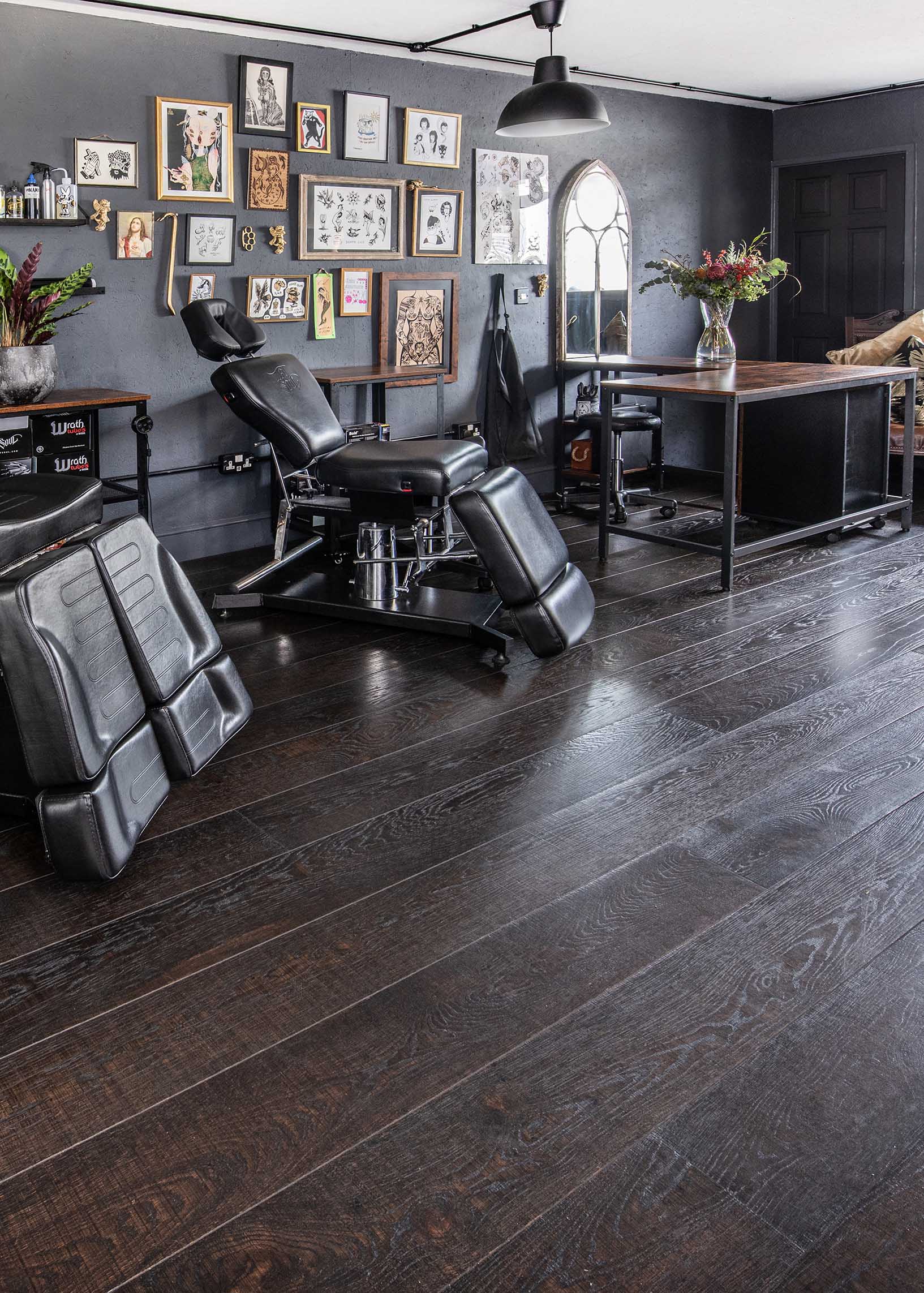 Dark Sawn and Brushed engineered oak flooring at tattoo parlour