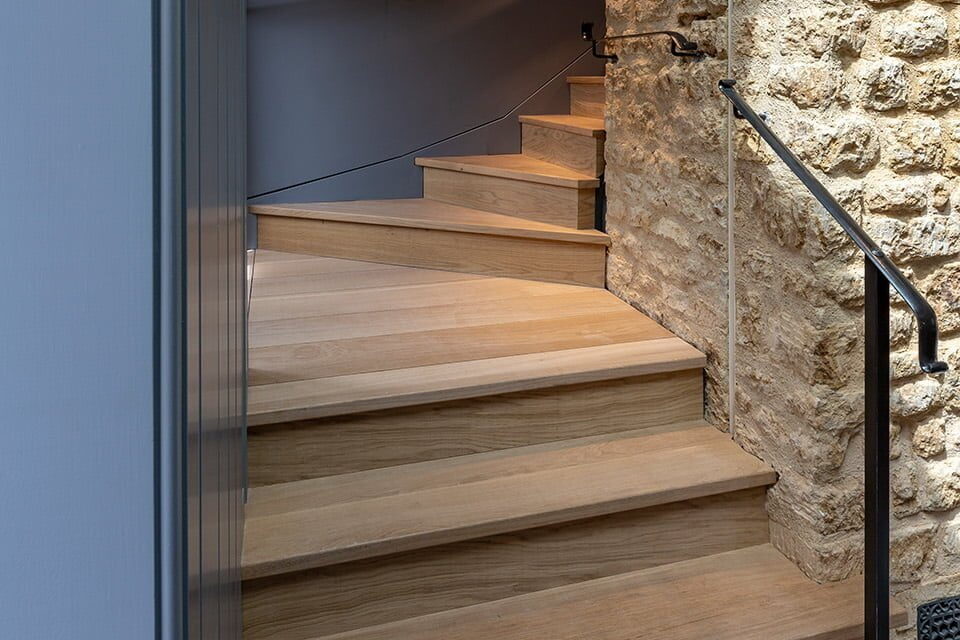 Sawn & Brushed Invisible Lacquered oak flooring on stairs