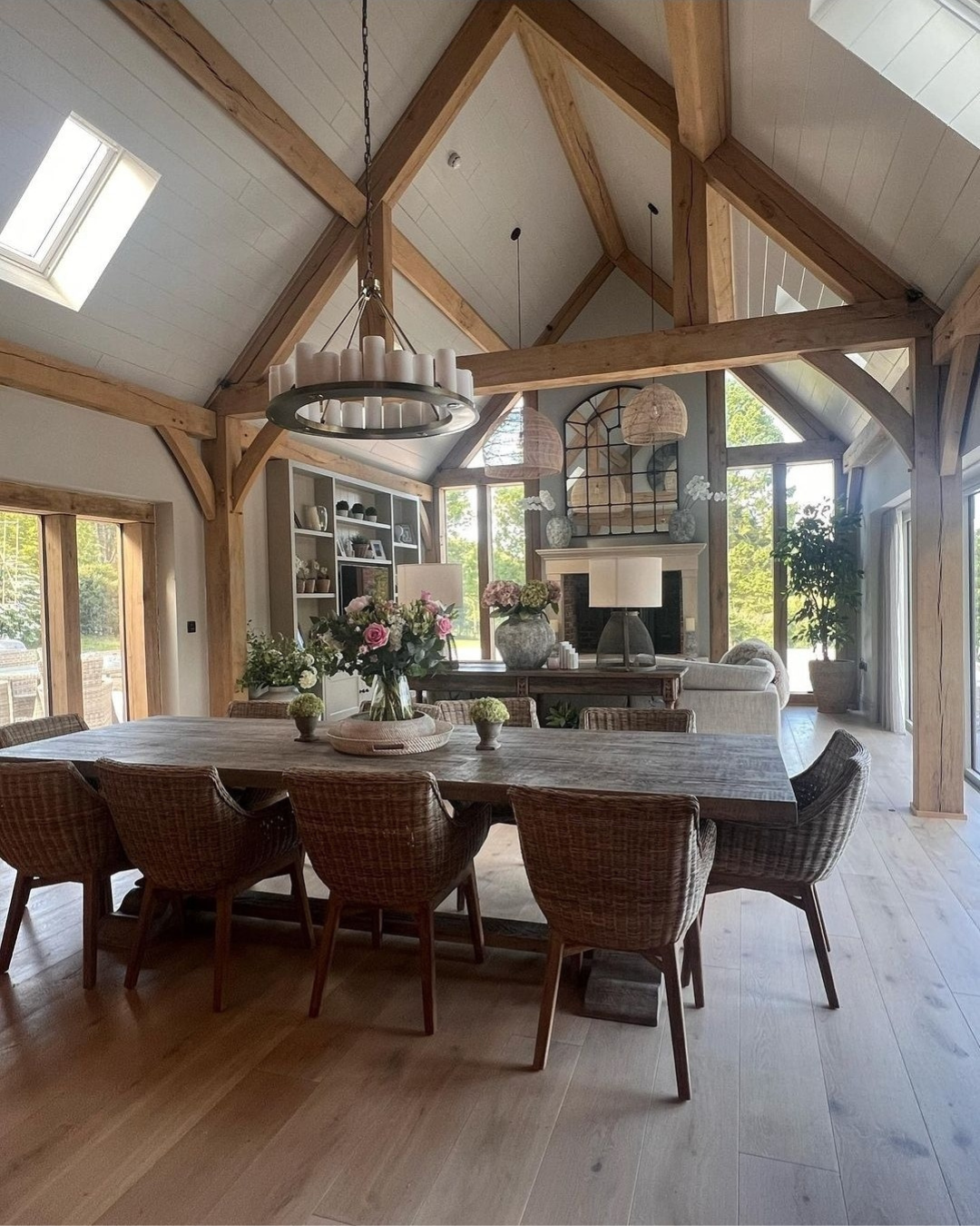 Light brushed engineered oak flooring at oak framed new-build home