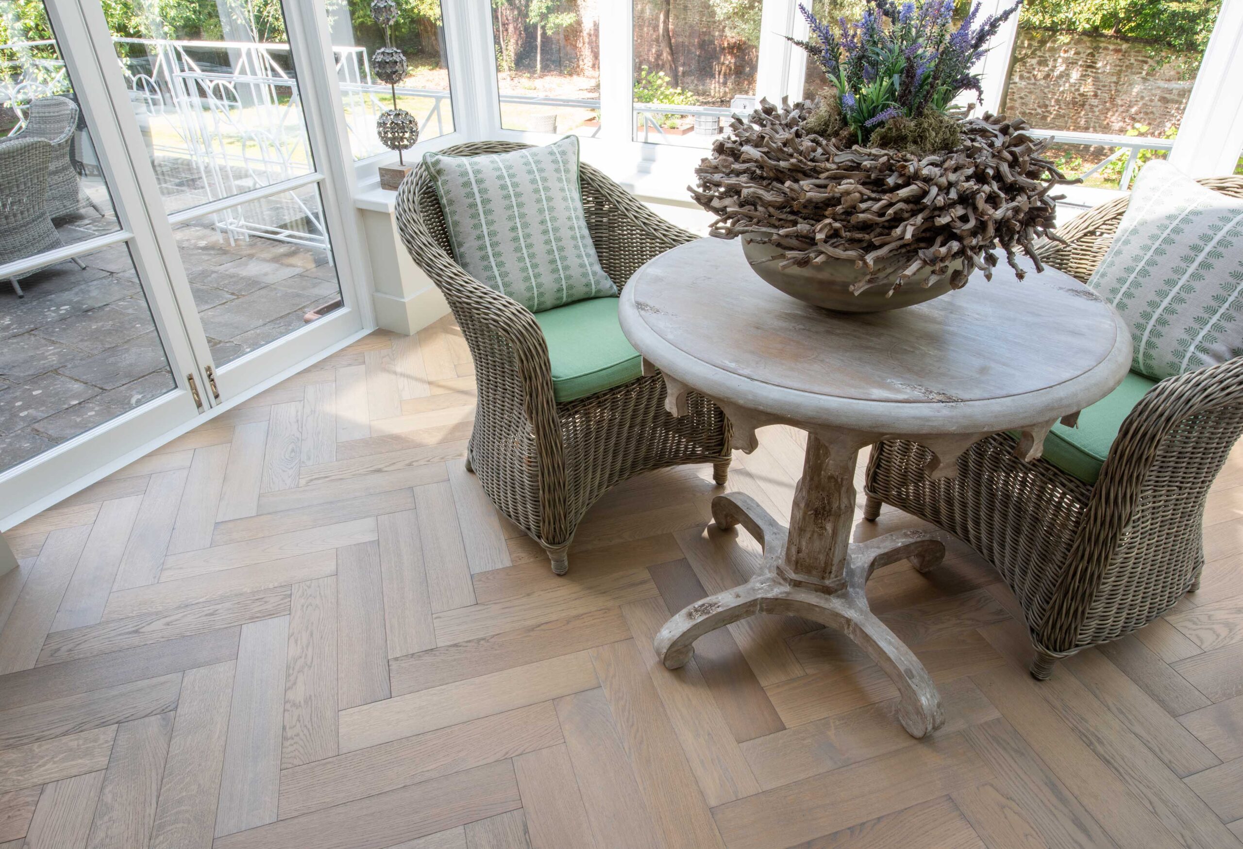 Vintage Grey engineered oak herringbone flooring in listed Clifton home