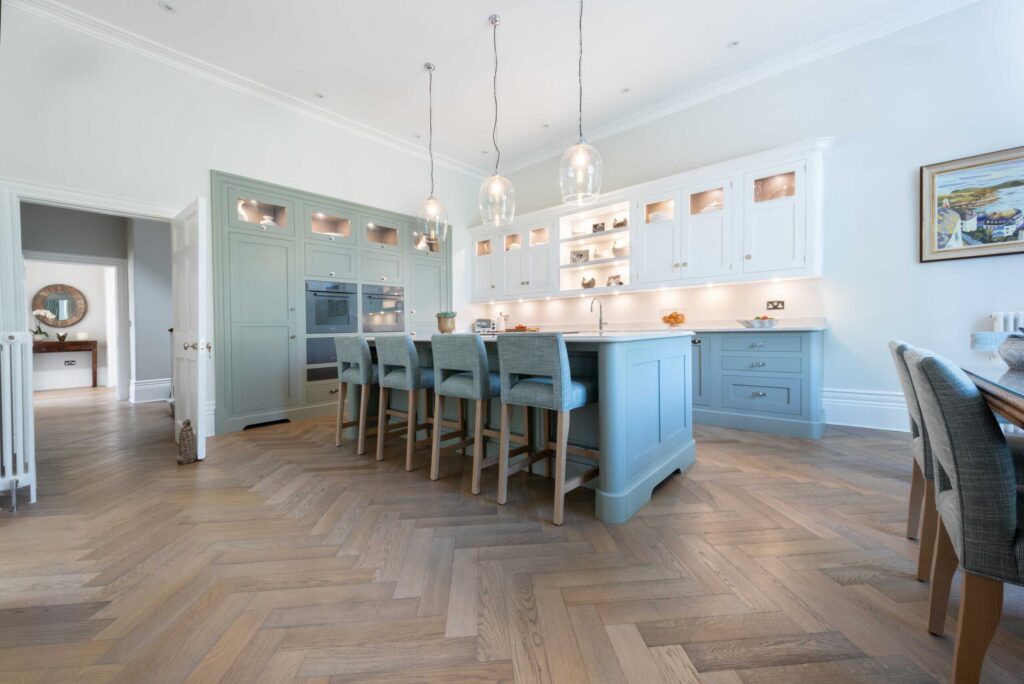 Vintage Grey engineered oak herringbone flooring in listed Clifton home