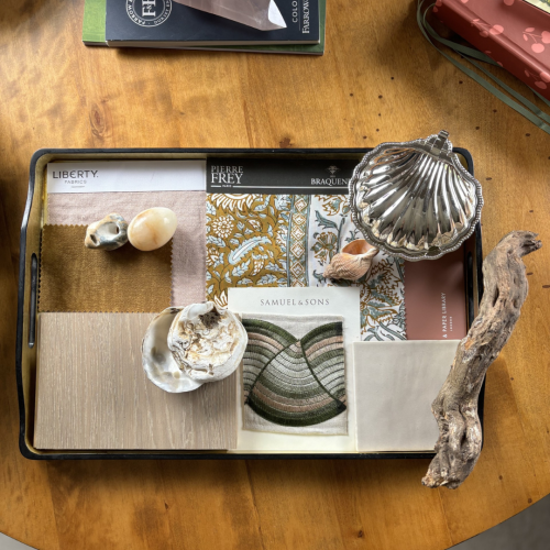 Fresh Oyster oak flooring from the Serenity Collection in Mood board scheme by Anouska Tamony Designs
